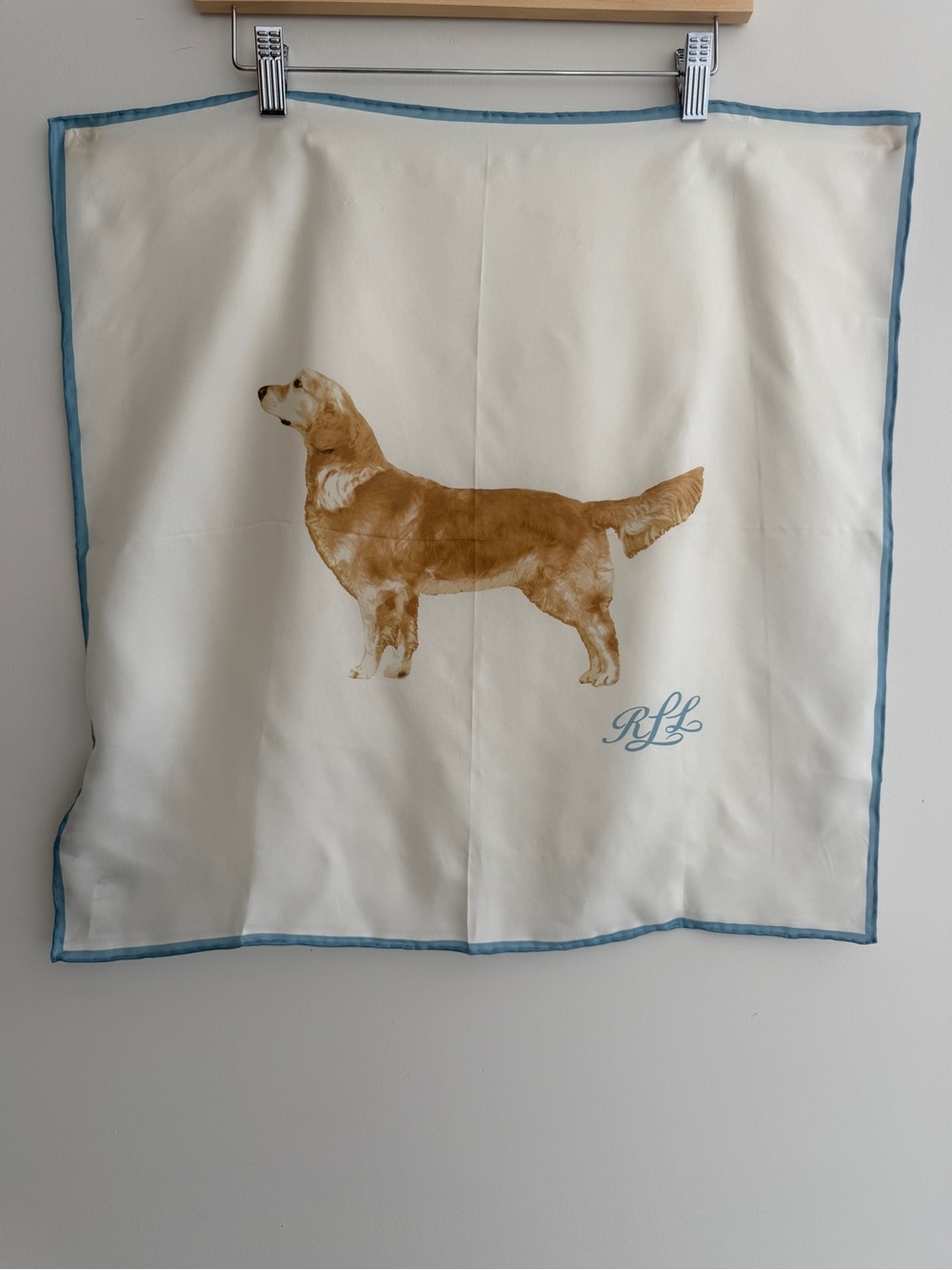 LAUREN RALPH LAUREN Silk Scarf Square Golden Retriever Dog Signed Preppy Chic